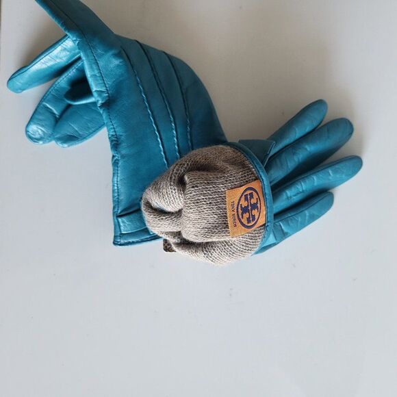 Tory Burch Women's Teal Green Leather Bow Pleated Gloves Size 6.5 - Picture 10 of 10
